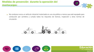 Medidas de prevención durante la operación del
montacargas:
No conduzca nunca un vehículo industrial motorizado en una vía pública a menos que esté equipado para
conducción por carretera y cumpla todos los requisitos de licencia, inspección y otras normas de
circulación.
 