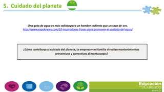 5. Cuidado del planeta
¿Cómo contribuyo al cuidado del planeta, la empresa y mi familia si realizo mantenimientos
preventivos y correctivos al montacargas?
Una gota de agua es más valiosa para un hombre sediento que un saco de oro.
http://www.expoknews.com/10-inspiradoras-frases-para-promover-el-cuidado-del-agua/
 