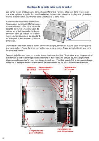 10
Montage de la carte mère dans le boitier
Les cartes mères ont toutes une connectique différente à l’arrière. Elles sont donc livrées avec
une « back plate » adaptée. La première chose à faire est donc de retirer la plaquette générique
fournie avec le boîtier pour monter celle spécifique à la carte mère.
Il faut ensuite visser les 9 entretoises
hexagonales qui assurent la fixation de
la carte mère au boîtier. Une petite clé
adaptée est livrée… Assurez-vous de
monter les entretoises selon la dispo-
sition des trous de fixation sur la carte
mère. Leur emplacement est standardi-
sé mais parfois il existe deux positions
différentes.
Déposez la carte mère dans le boîtier en vérifiant soigneusement qu’aucune patte métallique de
la « back plate » n’entre dans les connecteurs de la carte mère. Soyez surtout attentifs aux ports
Ethernet et Firewire !
Serrez très faiblement dans un premier temps la vis numéro 5 de l’illustration. Vous disposez ainsi
directement d’un bon centrage de la carte mère et d’une certaine latitude pour son alignement.
Vissez ensuite une vis d’un coin puis toutes les autres... N’oubliez pas de finir le serrage de la pre-
mière vis. Il n’est pas nécessaire de serrer excessivement les vis de fixation de la carte mère…
 