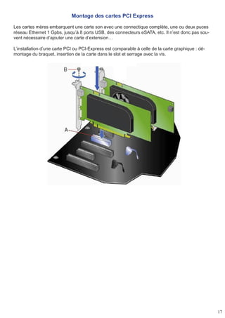 17
Montage des cartes PCI Express
Les cartes mères embarquent une carte son avec une connectique complète, une ou deux puces
réseau Ethernet 1 Gpbs, jusqu’à 8 ports USB, des connecteurs eSATA, etc. Il n’est donc pas sou-
vent nécessaire d’ajouter une carte d’extension…
L’installation d’une carte PCI ou PCI-Express est comparable à celle de la carte graphique : dé-
montage du braquet, insertion de la carte dans le slot et serrage avec la vis.
 