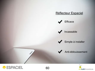 60
Efficace
Incassable
Simple à installer
Anti-éblouissement
Réflecteur Espaciel
 