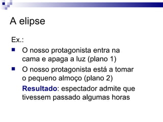 A elipse Ex.:  O nosso protagonista entra na cama e apaga a luz (plano 1) O nosso protagonista está a tomar o pequeno almoço (plano 2) Resultado : espectador admite que tivessem passado algumas horas  