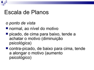 Escala de Planos  o ponto de vista   normal, ao nível do motivo picado, de cima para baixo, tende a achatar o motivo (diminuição psicológica) contra-picado, de baixo para cima, tende a alongar o motivo (aumento psicológico)  