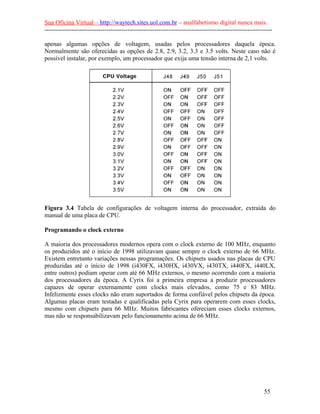 Sua Oficina Virtual – http://waytech.sites.uol.com.br – analfabetismo digital nunca mais.
--------------------------------------------------------------------------------------------------------------

apenas algumas opções de voltagem, usadas pelos processadores daquela época.
Normalmente são oferecidas as opções de 2.8, 2.9, 3.2, 3.3 e 3.5 volts. Neste caso não é
possível instalar, por exemplo, um processador que exija uma tensão interna de 2,1 volts.




Figura 3.4 Tabela de configurações de voltagem interna do processador, extraída do
manual de uma placa de CPU.

Programando o clock externo

A maioria dos processadores modernos opera com o clock externo de 100 MHz, enquanto
os produzidos até o início de 1998 utilizavam quase sempre o clock externo de 66 MHz.
Existem entretanto variações nessas programações. Os chipsets usados nas placas de CPU
produzidas até o início de 1998 (i430FX, i430HX, i430VX, i430TX, i440FX, i440LX,
entre outros) podiam operar com até 66 MHz externos, o mesmo ocorrendo com a maioria
dos processadores da época. A Cyrix foi a primeira empresa a produzir processadores
capazes de operar externamente com clocks mais elevados, como 75 e 83 MHz.
Infelizmente esses clocks não eram suportados de forma confiável pelos chipsets da época.
Algumas placas eram testadas e qualificadas pela Cyrix para operarem com esses clocks,
mesmo com chipsets para 66 MHz. Muitos fabricantes ofereciam esses clocks externos,
mas não se responsabilizavam pelo funcionamento acima de 66 MHz.




                                                                                                          55
 