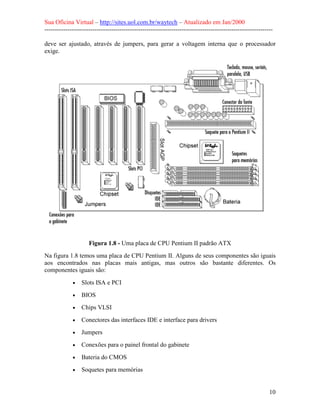 Sua Oficina Virtual – http://sites.uol.com.br/waytech – Atualizado em Jan/2000
--------------------------------------------------------------------------------------------------------------
10
deve ser ajustado, através de jumpers, para gerar a voltagem interna que o processador
exige.
Figura 1.8 - Uma placa de CPU Pentium II padrão ATX
Na figura 1.8 temos uma placa de CPU Pentium II. Alguns de seus componentes são iguais
aos encontrados nas placas mais antigas, mas outros são bastante diferentes. Os
componentes iguais são:
• Slots ISA e PCI
• BIOS
• Chips VLSI
• Conectores das interfaces IDE e interface para drivers
• Jumpers
• Conexões para o painel frontal do gabinete
• Bateria do CMOS
• Soquetes para memórias
 