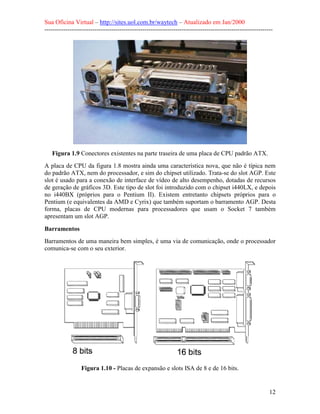 Sua Oficina Virtual – http://sites.uol.com.br/waytech – Atualizado em Jan/2000
--------------------------------------------------------------------------------------------------------------
12
Figura 1.9 Conectores existentes na parte traseira de uma placa de CPU padrão ATX.
A placa de CPU da figura 1.8 mostra ainda uma característica nova, que não é típica nem
do padrão ATX, nem do processador, e sim do chipset utilizado. Trata-se do slot AGP. Este
slot é usado para a conexão de interface de vídeo de alto desempenho, dotadas de recursos
de geração de gráficos 3D. Este tipo de slot foi introduzido com o chipset i440LX, e depois
no i440BX (próprios para o Pentium II). Existem entretanto chipsets próprios para o
Pentium (e equivalentes da AMD e Cyrix) que também suportam o barramento AGP. Desta
forma, placas de CPU modernas para processadores que usam o Socket 7 também
apresentam um slot AGP.
Barramentos
Barramentos de uma maneira bem simples, é uma via de comunicação, onde o processador
comunica-se com o seu exterior.
Figura 1.10 - Placas de expansão e slots ISA de 8 e de 16 bits.
 