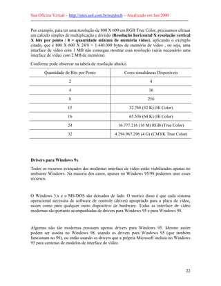Sua Oficina Virtual – http://sites.uol.com.br/waytech – Atualizado em Jan/2000
--------------------------------------------------------------------------------------------------------------
22
Por exemplo, para ter uma resolução de 800 X 600 em RGB True Color, precisamos efetuar
um calculo simples de multiplicação e divisão (Resolução horizontal X resolução vertical
X bits por ponto / 8 = quantidade mínima de memória vídeo), aplicando o exemplo
citado, que é 800 X 600 X 24/8 = 1.440.000 bytes de memória de vídeo , ou seja, uma
interface de vídeo com 1 MB não consegue mostrar essa resolução (seria necessário uma
interface de vídeo com 2 MB de memória).
Conforme pode observar na tabela de resolução abaixo.
Quantidade de Bits por Ponto Cores simultâneas Disponíveis
2 4
4 16
8 256
15 32.768 (32 K) (Hi Color)
16 65.536 (64 K) (Hi Color)
24 16.777.216 (16 M) RGB (True Color)
32 4.294.967.296 (4 G) (CMYK True Color)
Drivers para Windows 9x
Todos os recursos avançados das modernas interface de vídeo estão viabilizados apenas no
ambiente Windows. Na maioria dos casos, apenas no Windows 95/98 podemos usar esses
recursos.
O Windows 3.x e o MS-DOS são deixados de lado. O motivo disso é que cada sistema
operacional necessita de software de controle (driver) apropriado para a placa de vídeo,
assim como para qualquer outro dispositivo de hardware. Todas as interface de vídeo
modernas são portanto acompanhadas de drivers para Windows 95 e para Windows 98.
Algumas não tão modernas possuem apenas drivers para Windows 95. Mesmo assim
podem ser usadas no Windows 98, usando os drivers para Windows 95 (que também
funcionam no 98), ou então usando os drivers que a própria Microsoft incluiu no Windows
95 para centenas de modelos de interface de vídeo.
 
