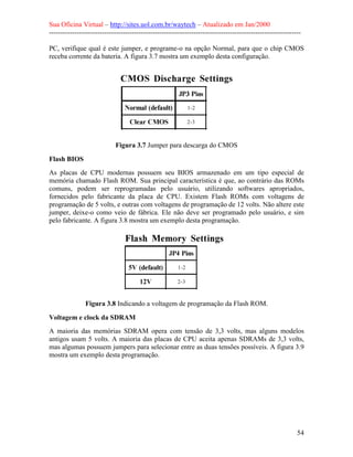 Sua Oficina Virtual – http://sites.uol.com.br/waytech – Atualizado em Jan/2000
--------------------------------------------------------------------------------------------------------------
54
PC, verifique qual é este jumper, e programe-o na opção Normal, para que o chip CMOS
receba corrente da bateria. A figura 3.7 mostra um exemplo desta configuração.
Figura 3.7 Jumper para descarga do CMOS
Flash BIOS
As placas de CPU modernas possuem seu BIOS armazenado em um tipo especial de
memória chamado Flash ROM. Sua principal característica é que, ao contrário das ROMs
comuns, podem ser reprogramadas pelo usuário, utilizando softwares apropriados,
fornecidos pelo fabricante da placa de CPU. Existem Flash ROMs com voltagens de
programação de 5 volts, e outras com voltagens de programação de 12 volts. Não altere este
jumper, deixe-o como veio de fábrica. Ele não deve ser programado pelo usuário, e sim
pelo fabricante. A figura 3.8 mostra um exemplo desta programação.
Figura 3.8 Indicando a voltagem de programação da Flash ROM.
Voltagem e clock da SDRAM
A maioria das memórias SDRAM opera com tensão de 3,3 volts, mas alguns modelos
antigos usam 5 volts. A maioria das placas de CPU aceita apenas SDRAMs de 3,3 volts,
mas algumas possuem jumpers para selecionar entre as duas tensões possíveis. A figura 3.9
mostra um exemplo desta programação.
 