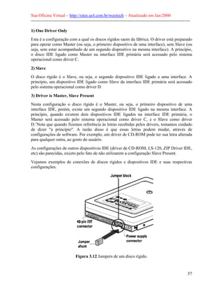 Sua Oficina Virtual – http://sites.uol.com.br/waytech – Atualizado em Jan/2000
--------------------------------------------------------------------------------------------------------------
57
1) One Driver Only
Esta é a configuração com a qual os discos rígidos saem da fábrica. O driver está preparado
para operar como Master (ou seja, o primeiro dispositivo de uma interface), sem Slave (ou
seja, sem estar acompanhado de um segundo dispositivo na mesma interface). A princípio,
o disco IDE ligado como Master na interface IDE primária será acessado pelo sistema
operacional como driver C.
2) Slave
O disco rígido é o Slave, ou seja, o segundo dispositivo IDE ligado a uma interface. A
princípio, um dispositivo IDE ligado como Slave da interface IDE primária será acessado
pelo sistema operacional como driver D.
3) Driver is Master, Slave Present
Nesta configuração o disco rígido é o Master, ou seja, o primeiro dispositivo de uma
interface IDE, porém, existe um segundo dispositivo IDE ligado na mesma interface. A
princípio, quando existem dois dispositivos IDE ligados na interface IDE primária, o
Master será acessado pelo sistema operacional como driver C, e o Slave como driver
D.’Note que quando fizemos referência às letras recebidas pelos drivers, tomamos cuidado
de dizer "a princípio". A razão disso é que essas letras podem mudar, através de
configurações de software. Por exemplo, um driver de CD-ROM pode ter sua letra alterada
para qualquer outra, ao gosto do usuário.
As configurações de outros dispositivos IDE (driver de CD-ROM, LS-120, ZIP Driver IDE,
etc) são parecidas, exceto pelo fato de não utilizarem a configuração Slave Present.
Vejamos exemplos de conexões de discos rígidos e dispositivos IDE e suas respectivas
configurações.
Figura 3.12 Jumpers de um disco rígido.
 