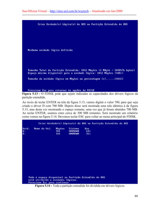 Sua Oficina Virtual – http://sites.uol.com.br/waytech – Atualizado em Jan/2000
--------------------------------------------------------------------------------------------------------------
88
Figura 5.13 - O FDISK pede que sejam indicadas as capacidades dos drivers lógicos da
partição estendida.
Ao invés de teclar ENTER na tela da figura 5.13, vamos digitar o valor 700, para que seja
criado o driver D com 700 MB. Depois disso será mostrada uma tela idêntica à da figura
5.13, mas desta vez mostrando o espaço restante, uma vez que já foram abatidos 700 MB.
Ao teclar ENTER, usamos estes cerca de 300 MB restantes. Será mostrado um relatório
como vemos na figura 5.14. Devemos teclar ESC para voltar ao menu principal do FDISK.
Figura 5.14 - Toda a partição estendida foi dividida em drivers lógicos.
 