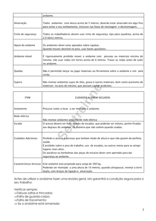 Segtreinne
3
andaime.
Amarração Todos andaimes com altura acima de 5 metros, deverão estar amarrado em algo fixo
para evitar o seu tombamento, inclusive nas fases de montagem e desmontagem.
Cinto de segurança Todos os trabalhadores devem usar cinto de segurança, tipo pára-quedista, acima de
2,0 (dois) metros.
Apoio do andaime Os andaimes dever estar apoiados sobre sapatas.
Quando houver desnível no piso, usar bases ajustáveis.
Andaime móvel É rigorosamente proibido mover o andaime com pessoas ou materiais encima do
mesmo, não usar rodas em torres acima de 6 metros. Travar as rodas antes de subir
no andaime.
Quedas Não é permitido lançar ou jogar materiais ou ferramenta sobre o andaime e sim pela
corda.
Sujeira Não montar andaimes sujos de óleo, graxa e outros materiais, bem como acúmulos de
materiais no piso do mesmo, que possam causar acidentes.
ITEM CUIDADOS A SEREM SEGUIDOS:
Isolamento Procurar isolar o locar a ser montado o andaime.
Rede elétrica
Não montar andaimes próximo de rede elétrica
Escada O acesso deverá ser feito através de escadas, que poderão ser móveis, porém fixadas
aos degraus do andaime, de maneira que não soltem quando usadas.
Cuidados Adicionais Proibido o acesso à pessoas que tenham medo de altura e que não gozem de perfeita
saúde.
É proibido sobre o piso de trabalho, uso de escadas, ou outros meios para se atingir
lugares mais altos.
Os parafuso ou borboletas das peças de encaixe dever sem apertado para dar
segurança ao andaime.
Características técnicas Este andaime está projetado para carga de 300 kg.
Podendo ser montado a uma altura de 10 metros, quando ultrapassar, montar a torre
dupla, com braços de ligação e amarração.
Antes de utilizar o andaime fazer uma revisão geral, isto garantirá a condição segura para o
seu trabalho.
Verificar sempre:
⇒Tábuas soltas e trincadas;
⇒Falta de guarda-corpo;
⇒Falta de travamento;
⇒ Se o andaime está amarrado;
 