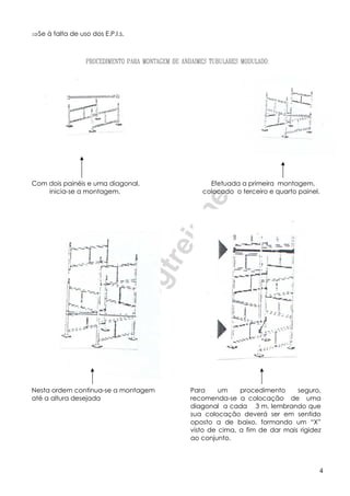 Segtreinne
4
⇒Se à falta de uso dos E.P.I.s.
Com dois painéis e uma diagonal, Efetuada a primeira montagem,
inicia-se a montagem. colocado o terceiro e quarto painel.
Nesta ordem continua-se a montagem
até a altura desejada
Para um procedimento seguro,
recomenda-se a colocação de uma
diagonal a cada 3 m. lembrando que
sua colocação deverá ser em sentido
oposto a de baixo, formando um “X”
visto de cima, a fim de dar mais rigidez
ao conjunto.
 