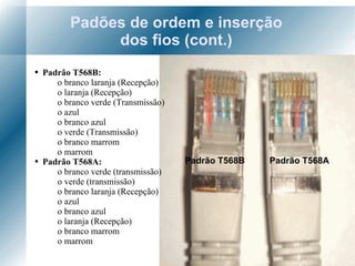 Padrão T568B  Padrão T568A Padões de ordem e inserção dos fios (cont.) Padrão T568B: o branco laranja (Recepção) o laranja (Recepção) o branco verde (Transmissão) o azul o branco azul o verde (Transmissão) o branco marrom o marrom Padrão T568A: o branco verde (transmissão) o verde (transmissão) o branco laranja (Recepção) o azul o branco azul o laranja (Recepção) o branco marrom o marrom 