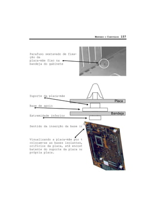 MONTANDO O COMPUTADOR 157
Parafuso sextavado de fixa-
ção da
placa-mãe fixo na
bandeja do gabinete
Suporte da placa-mãe
Base de apoio
Extremidade inferior
Sentido da inserção da base isolante
Visualizando a placa-mãe por trás,
colocam-se as bases isolantes, nos
orifícios da placa, até encostar o
batente do suporte da placa na
própria placa.
Placa
Bandeja
 
