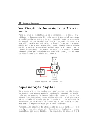 40 MONTAGEM DE COMPUTADORES
Verificação da Resistência de Aterra-
mento
Para aferir a resistência do aterramento, o ideal é u-
tilizar o Terrômetro. Através dele é possível mensurar
a resistência do solo e do aterramento, mas na ausência
do mesmo, há um método que não é tão preciso quanto a
sua utilização, porém, permite identificar se o aterra-
mento está em nível aceitável. Basta medir com o voltí-
metro a tensão existente entre Neutro e Terra; se a
tensão encontrada for menor ou igual a 3 volts, o ater-
ramento pode ser considerado como aceitável, acima des-
te valor será arriscado utilizá-lo.
Vista frontal da tomada 2P+T
Representação Digital
Os sinais elétricos podem ser analógicos ou digitais,
os analógicos podem assumir infinitos valores de ampli-
tude em um espaço de tempo definido, como é o caso dos
sinais representados pelas ondas senoidal e triangular.
Já os sinais digitais podem assumir finitos valores de
amplitude em um espaço de tempo definido, como é o caso
dos sinais representados pela onda quadrada.
Funcionando através da utilização de dois símbolos, o )
e o 1, estes circuitos são denominados digitais, porque
trabalham com dois dígitos. Na verdade, os sinais 0 e 1
 