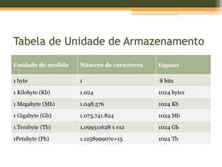 Tabela de Unidade de Armazenamento
Unidade de medida   Número de caracteres   Espaço

1 byte              1                      8 bits

1 Kilobyte (Kb)     1.024                  1024 bytes

1 Megabyte (Mb)     1.048.576              1024 Kb

1 Gigabyte (Gb)     1.073.741.824          1024 Mb

1 Terabyte (Tb)     1,099511628 x e12      1024 Gb

1Petabyte (Pb)      1.125899907e+15        1024 Tb
 