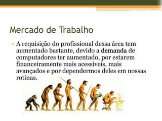 Mercado de Trabalho
• A requisição do profissional dessa área tem
  aumentado bastante, devido a demanda de
  computadores ter aumentado, por estarem
  financeiramente mais acessíveis, mais
  avançados e por dependermos deles em nossas
  rotinas.
 