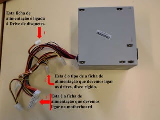 Esta ficha de alimentação é ligada á Drive de disquetes.1Esta é o tipo de a ficha de alimentação que devemos ligar as drives, disco rígido.2Esta é a ficha de alimentação que devemos ligar na motherboard3