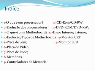 Indíce
 1-O que é um processador? 10-CD-Rom/CD-RW;
 2-Evolução dos processadores; 11-DVD-ROM/DVD-RW;
 3-O que é uma Motherboard? 12-Disco Interno/Extern0;
 4-Evolução/Tipos de Motherboards 13-Monitor CRT
 5-Placa de Som; 14-Monitor LCD
 6-Placa de Vídeo;
 7-Placa de Rede;
 8-Memórias ;
 9-Controladores de Memória;
 