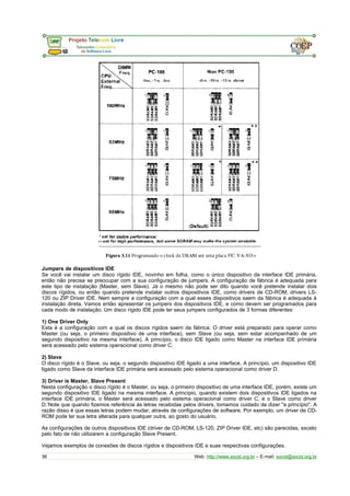 Jumpers de dispositivos IDE 
Se você vai instalar um disco rígido IDE, novinho em folha, como o único dispositivo da interface IDE primária, 
então não precisa se preocupar com a sua configuração de jumpers. A configuração de fábrica é adequada para 
este tipo de instalação (Master, sem Slave). Já o mesmo não pode ser dito quando você pretende instalar dois 
discos rígidos, ou então quando pretende instalar outros dispositivos IDE, como drivers de CD-ROM, drivers LS- 
120 ou ZIP Driver IDE. Nem sempre a configuração com a qual esses dispositivos saem da fábrica é adequada à 
instalação direta. Vamos então apresentar os jumpers dos dispositivos IDE, e como devem ser programados para 
cada modo de instalação. Um disco rígido IDE pode ter seus jumpers configurados de 3 formas diferentes: 
1) One Driver Only 
Esta é a configuração com a qual os discos rígidos saem da fábrica. O driver está preparado para operar como 
Master (ou seja, o primeiro dispositivo de uma interface), sem Slave (ou seja, sem estar acompanhado de um 
segundo dispositivo na mesma interface). A princípio, o disco IDE ligado como Master na interface IDE primária 
será acessado pelo sistema operacional como driver C. 
2) Slave 
O disco rígido é o Slave, ou seja, o segundo dispositivo IDE ligado a uma interface. A princípio, um dispositivo IDE 
ligado como Slave da interface IDE primária será acessado pelo sistema operacional como driver D. 
3) Driver is Master, Slave Present 
Nesta configuração o disco rígido é o Master, ou seja, o primeiro dispositivo de uma interface IDE, porém, existe um 
segundo dispositivo IDE ligado na mesma interface. A princípio, quando existem dois dispositivos IDE ligados na 
interface IDE primária, o Master será acessado pelo sistema operacional como driver C, e o Slave como driver 
D.’Note que quando fizemos referência às letras recebidas pelos drivers, tomamos cuidado de dizer "a princípio". A 
razão disso é que essas letras podem mudar, através de configurações de software. Por exemplo, um driver de CD-ROM 
pode ter sua letra alterada para qualquer outra, ao gosto do usuário. 
As configurações de outros dispositivos IDE (driver de CD-ROM, LS-120, ZIP Driver IDE, etc) são parecidas, exceto 
pelo fato de não utilizarem a configuração Slave Present. 
Vejamos exemplos de conexões de discos rígidos e dispositivos IDE e suas respectivas configurações. 
36 Web: http://www.socid.org.br – E-mail: socid@socid.org.br 
 