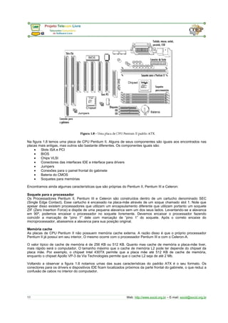 Na figura 1.8 temos uma placa de CPU Pentium II. Alguns de seus componentes são iguais aos encontrados nas
placas mais antigas, mas outros são bastante diferentes. Os componentes iguais são:
• Slots ISA e PCI
• BIOS
• Chips VLSI
• Conectores das interfaces IDE e interface para drivers
• Jumpers
• Conexões para o painel frontal do gabinete
• Bateria do CMOS
• Soquetes para memórias
Encontramos ainda algumas características que são próprias do Pentium II, Pentium III e Celeron:
Soquete para o processador
Os Processadores Pentium II, Pentium III e Celeron são construídos dentro de um cartucho denominado SEC
(Single Edge Contact). Esse cartucho é encaixado na placa-mãe através de um soque chamado slot 1. Note que
apesar disso existem processadores que utilizam um encapsulamento diferente que utilizam portanto um soquete
ZIF (Zero Insertion Force) e dispõe de uma pequena alavanca sem um dos seus lados. Levantando-se a alavanca
em 90º, podemos encaixar o processador no soquete livremente. Devemos encaixar o processador fazendo
coincidir a marcação de “pino 1” dele com marcação de “pino 1” do soquete. Após o correto encaixe do
microprocessador, abaixamos a alavanca para sua posição original.
Memória cache
As placas de CPU Pentium II não possuem memória cache externa. A razão disso é que o próprio processador
Pentium II já possui em seu interior. O mesmo ocorre com o processador Pentium III e com o Celeron-A.
O valor típico de cache de memória é de 256 KB ou 512 KB. Quanto mas cache de memória a placa-mãe tiver,
mais rápido será o computador. O tamanho máximo que o cache de memória L2 pode ter depende do chipset da
placa mãe. Por exemplo, o chipset Intel 430TX permite que a placa mãe até 512 KB de cache de memória,
enquanto o chipset Apollo VP-3 da Via Technologies permite que o cache L2 seja de até 2 Mb.
Voltando a observar a figura 1.8 notamos umas das suas características do padrão ATX é o seu formato. Os
conectores para os drivers e dispositivos IDE ficam localizados próximos da parte frontal do gabinete, o que reduz a
confusão de cabos no interior do computador.
11 Web: http://www.socid.org.br – E-mail: socid@socid.org.br
 