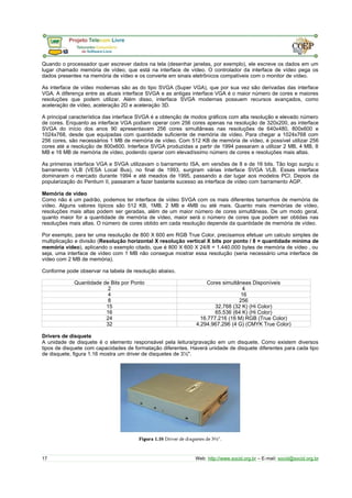 Quando o processador quer escrever dados na tela (desenhar janelas, por exemplo), ele escreve os dados em um
lugar chamado memória de vídeo, que está na interface de vídeo. O controlador da interface de vídeo pega os
dados presentes na memória de vídeo e os converte em sinais eletrônicos compatíveis com o monitor de vídeo.
As interface de vídeo modernas são as do tipo SVGA (Super VGA), que por sua vez são derivadas das interface
VGA. A diferença entre as atuais interface SVGA e as antigas interface VGA é o maior número de cores e maiores
resoluções que podem utilizar. Além disso, interface SVGA modernas possuem recursos avançados, como
aceleração de vídeo, aceleração 2D e aceleração 3D.
A principal característica das interface SVGA é a obtenção de modos gráficos com alta resolução e elevado número
de cores. Enquanto as interface VGA podiam operar com 256 cores apenas na resolução de 320x200, as interface
SVGA do início dos anos 90 apresentavam 256 cores simultâneas nas resoluções de 640x480, 800x600 e
1024x768, desde que equipadas com quantidade suficiente de memória de vídeo. Para chegar a 1024x768 com
256 cores, são necessários 1 MB de memória de vídeo. Com 512 KB de memória de vídeo, é possível utilizar 256
cores até a resolução de 800x600. Interface SVGA produzidas a partir de 1994 passaram a utilizar 2 MB, 4 MB, 8
MB e 16 MB de memória de vídeo, podendo operar com elevadíssimo número de cores e resoluções mais altas.
As primeiras interface VGA e SVGA utilizavam o barramento ISA, em versões de 8 e de 16 bits. Tão logo surgiu o
barramento VLB (VESA Local Bus), no final de 1993, surgiram várias interface SVGA VLB. Essas interface
dominaram o mercado durante 1994 e até meados de 1995, passando a dar lugar aos modelos PCI. Depois da
popularização do Pentium II, passaram a fazer bastante sucesso as interface de vídeo com barramento AGP.
Memória de vídeo
Como não é um padrão, podemos ter interface de vídeo SVGA com os mais diferentes tamanhos de memória de
vídeo. Alguns valores típicos são 512 KB, 1MB, 2 MB e 4MB ou até mais. Quanto mais memórias de vídeo,
resoluções mais altas podem ser geradas, além de um maior número de cores simultâneas. De um modo geral,
quanto maior for a quantidade de memória de vídeo, maior será o número de cores que podem ser obtidas nas
resoluções mais altas. O número de cores obtido em cada resolução depende da quantidade de memória de vídeo.
Por exemplo, para ter uma resolução de 800 X 600 em RGB True Color, precisamos efetuar um calculo simples de
multiplicação e divisão (Resolução horizontal X resolução vertical X bits por ponto / 8 = quantidade mínima de
memória vídeo), aplicando o exemplo citado, que é 800 X 600 X 24/8 = 1.440.000 bytes de memória de vídeo , ou
seja, uma interface de vídeo com 1 MB não consegue mostrar essa resolução (seria necessário uma interface de
vídeo com 2 MB de memória).
Conforme pode observar na tabela de resolução abaixo.
Quantidade de Bits por Ponto Cores simultâneas Disponíveis
2 4
4 16
8 256
15 32.768 (32 K) (Hi Color)
16 65.536 (64 K) (Hi Color)
24 16.777.216 (16 M) RGB (True Color)
32 4.294.967.296 (4 G) (CMYK True Color)
Drivers de disquete
A unidade de disquete é o elemento responsável pela leitura/gravação em um disquete. Como existem diversos
tipos de disquete com capacidades de formatação diferentes. Haverá unidade de disquete diferentes para cada tipo
de disquete, figura 1.16 mostra um driver de disquetes de 3½".
17 Web: http://www.socid.org.br – E-mail: socid@socid.org.br
 