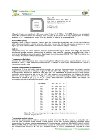 A figura 3.3 mostra como distinguir a diferença entre o Pentium P54C VRE e o P54C STD. Basta checar a sua parte
inferior. Na quarta linha temos uma indicação como xxxxx/Sxx. A letra depois do "/" faz a distinção entre as versões.
Se a letra for "S", trata-se de uma versão STD, se a letra for "V", trata-se de uma versão VRE.
Pentium MMX (P55C)
A diferença entre o Pentium comum e o Pentium MMX está na voltagem de operação, que é de 2,8 volts. O Pentium
MMX utiliza duas tensões: 3,3 volts externos, e 2,8 volts internos. Os 3,3 volts são usados para gerar os sinais
digitais que ligam o Pentium MMX com os circuitos externos, como memórias, chipset e interfaces.
AMD K5
Este processador já não é mais fabricado, mas você poderá encontrar alguns em PCs mais antigos. Foi produzido
em diversas versões, utilizando várias opções de voltagem. Para identificar a voltagem, a primeira coisa a fazer é
observar a indicação na sua parte superior. Digamos por exemplo que seja AMD K5 PR90 ABQ. A penúltima letra
(no exemplo, "B") indica a voltagem de operação
Processadores Cyrix 6x86
A maioria dos processadores da Cyrix possuem indicação de voltagem na sua face superior. Podem operar com
tensões de 3.3 ou 3.5 volts, a exemplo do Pentium P54C STD e VRE. O 6x86L opera externamente com 3.3 volts e
internamente com 2.8 volts.
Jumpers para programação de voltagem
As placas de CPU de fabricação mais recente possuem um grupo de 4 jumpers através dos quais é possível
programar diversos valores de voltagem, em geral de 2.0 volts a 3.5 volts. A figura 3.4 mostra um exemplo de tabela
de configuração, extraído do manual de uma placa de CPU. Infelizmente as placas um pouco mais antigas,
produzidas aproximadamente até o final de 1997, não possuem uma programação de voltagem tão flexível.
Oferecem apenas algumas opções de voltagem, usadas pelos processadores daquela época. Normalmente são
oferecidas as opções de 2.8, 2.9, 3.2, 3.3 e 3.5 volts. Neste caso não é possível instalar, por exemplo, um
processador que exija uma tensão interna de 2,1 volts.
Programando o clock externo
A maioria dos processadores modernos opera com o clock externo de 100 MHz, enquanto os produzidos até o
início de 1998 utilizavam quase sempre o clock externo de 66 MHz. Existem entretanto variações nessas
programações. Os chipsets usados nas placas de CPU produzidas até o início de 1998 (i430FX, i430HX, i430VX,
i430TX, i440FX, i440LX, entre outros) podiam operar com até 66 MHz externos, o mesmo ocorrendo com a maioria
dos processadores da época. A Cyrix foi a primeira empresa a produzir processadores capazes de operar
32 Web: http://www.socid.org.br – E-mail: socid@socid.org.br
 