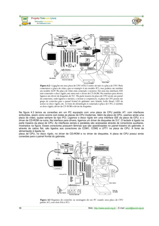 Na figura 4.3 temos as conexões em um PC equipado com uma placa de CPU padrão AT, com interfaces
embutidas, assim como ocorre com todas as placas de CPU modernas. Além da placa de CPU, usamos ainda uma
placa de vídeo, quase sempre do tipo PCI. Ligamos o disco rígido em uma interface IDE da placa de CPU, e o
driver de CD-ROM na outra. Na interface para drivers, ligamos um driver de disquetes de 3½". O teclado é ligado na
parte traseira da placa de CPU. As interfaces seriais e paralelas são acessadas através de conectores auxiliares,
mostrados na figura. Esses conectores possuem lâminas que são aparafusadas no painel traseiro do gabinete, e
através de cabos flat, são ligados aos conectores da COM1, COM2 e LPT1 na placa de CPU. A fonte de
alimentação é ligada na
placa de CPU, no disco rígido, no driver de CD-ROM e no driver de disquetes. A placa de CPU possui ainda
conexões para o painel frontal do gabinete.
39 Web: http://www.socid.org.br – E-mail: socid@socid.org.br
 