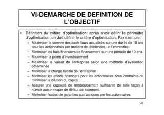 VI-DEMARCHE DE DEFINITION DE 
L’OBJECTIF 
• Définition du critère d’optimisation: après avoir défini le périmètre 
d’optimisation, on doit définir le critère d’optimisation. Par exemple: 
– Maximiser la somme des cash flows actualisés sur une durée de 10 ans 
pour les actionnaires (en matière de dividendes) et l’entreprise. 
– Minimiser les frais financiers de financement sur une période de 10 ans 
– Maximiser la prime d’investissement 
– Maximiser la valeur de l’entreprise selon une méthode d’évaluation 
25 
déterminée 
– Minimiser la charge fiscale de l’entreprise 
– Minimiser les efforts financiers pour les actionnaires sous contrainte de 
minimiser la dilution du capital 
– Assurer une capacité de remboursement suffisante de telle façon à 
n’avoir aucun risque de défaut de paiement. 
– Minimiser l’octroi de garanties aux banques par les actionnaires 
 