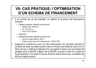 VII- CAS PRATIQUE: l’OPTIMISATION 
D’UN SCHEMA DE FINANCEMENT 
• A la lumière de ce qui précède, on obtient la structure de financement 
suivante: 
– Capitaux propres: répartis comme suit: 
• SICAR: 30% (FPN+PL) 
• PL: 10%*(PL+L) 
• FPN: 70%*F-SICAR 
– Leasing: L 
29 
– Crédits bancaires: répartis comme suit: 
• Ligne de crédit italienne: 50% F 
• Crédit à moyen terme d’investissement: F-50%F-FPN 
• Supposons maintenons que l’un des actionnaires (X) souhaite prendre le 
contrôle de cette nouvelle société mais en limitant ses droits de vote à 51%. 
Dans ce cas, il suffit qu’il apporte 21% du capital et signe une convention de 
portage avec la SICAR (l’apport de la SICAR va jouer le rôle d’un crédit en 
fonds propres). Il lui reste à trouver d’autres actionnaires pour compléter les 
49% du capital restant. 
 