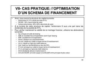 VII- CAS PRATIQUE: l’OPTIMISATION 
D’UN SCHEMA DE FINANCEMENT 
• Ainsi, nous avons la structure du capital suivante: 
– Actionnaire X: 21% (droits de vote=51%) 
– SICAR : 30% (sans droits de vote) 
– Autres actionnaires: 49% (49% des droits de vote) 
• À la lumière de cette structure de capital, l’actionnaire X aura une part dans les 
dividendes de la société de 51%. 
• Pour vérifier maintenant la validité de ce montage financier, utilisons les abréviations 
suivantes: 
– loy: charge annuelle de leasing 
30 
– EBE-al: excédent brut d’exploitation avant loyer leasing 
– EBE: excédent brut d’exploitation 
– Amort: dotation aux amortissements 
– Int-cmt: intérêt sur crédit à moyen terme d’investissement 
– Int-LI: intérêt sur ligne de crédit italienne 
– Imp: impôt sur les bénéfices au taux de 35% 
– Pr-cmt: principal sur crédit à moyen terme d’investissement 
– Pr-LI: principal sur ligne de crédit italienne 
– DivX=dividende alloué à l’actionnaire X 
– Annuité-SICAR: annuité à payer à la SICZAR entre principal et plus value 
 