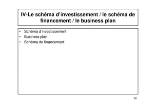 IV-Le schéma d’investissement / le schéma de 
financement / le business plan 
• Schéma d’investissement 
• Business plan 
• Schéma de financement 
38 
