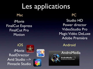 Les applications
      Mac                    PC
     iMovie              Studio HD
FinalCut Express       Power director
  FinalCut Pro        VideoStudio Pro
     Motion          Magic Vidéo DeLuxe
                      Adobe Première
      iOS              Android
    iMovie
                      AndroMedia
 ReelDirector
Avid Studio -->
Pinnacle Studio
 