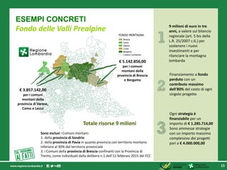 ESEMPI CONCRETI
Fondo delle Valli Prealpine
15
€ 5.142.856,00
per i comuni
montani della
provincia di Brescia
e Bergamo
€ ...