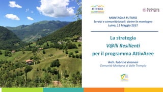 La strategia
V@lli Resilienti
per il programma AttivAree
Arch. Fabrizio Veronesi
Comunità Montana di Valle Trompia
MONTAGN...