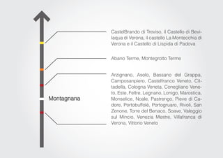 CastelBrando di Treviso, il Castello di Bevi-
             laqua di Verona, il castello La Montecchia di
             Verona e il Castello di Lispida di Padova


             Abano Terme, Montegrotto Terme


             Arzignano, Asolo, Bassano del Grappa,
             Camposanpiero, Castelfranco Veneto, Cit-
             tadella, Cologna Veneta, Conegliano Vene-
             to, Este, Feltre, Legnano, Lonigo, Marostica,
Montagnana   Monselice, Noale, Pastrengo, Pieve di Ca-
             dore, Portobuffolè, Portogruaro, Rivoli, San
             Zenone, Torre del Benaco, Soave, Valeggio
             sul Mincio, Venezia Mestre, Villafranca di
             Verona, Vittorio Veneto
 