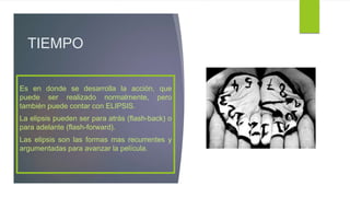 TIEMPO
Es en donde se desarrolla la acción, que
puede ser realizado normalmente, pero
también puede contar con ELIPSIS.
La elipsis pueden ser para atrás (flash-back) o
para adelante (flash-forward).
Las elipsis son las formas mas recurrentes y
argumentadas para avanzar la película.
 