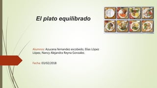 El plato equilibrado
Alumnos: Azucena fernandez escobedo, Elías López
López, Nancy Alejandra Reyna Gonzalez.
Fecha: 03/02/2018
 
