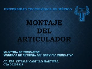 UNIVERSIDAD TECNOLÓGICA DE MÉXICO
MONTAJE
DEL
ARTICULADOR
MAESTRÍA EN EDUCACIÓN.
MODELOS DE ENTREGA DEL SERVICIO EDUCATIVO
CD. ESP. CITLALLI CASTILLO MARTÍNEZ.
CTA 05208314
 