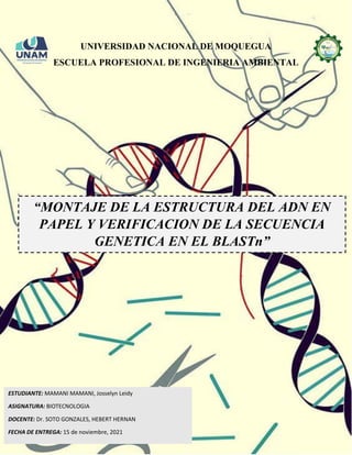 UNIVERSIDAD NACIONAL DE MOQUEGUA
ESCUELA PROFESIONAL DE INGENIERIA AMBIENTAL
“MONTAJE DE LA ESTRUCTURA DEL ADN EN
PAPEL Y VERIFICACION DE LA SECUENCIA
GENETICA EN EL BLASTn”
ESTUDIANTE: MAMANI MAMANI, Josselyn Leidy
ASIGNATURA: BIOTECNOLOGIA
DOCENTE: Dr. SOTO GONZALES, HEBERT HERNAN
FECHA DE ENTREGA: 15 de noviembre, 2021
 