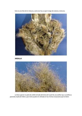 Esta es una foto de la máscara, como ves hay un gran rango de colores y texturas.
ARDILLA
La foto superior es pelo de ardilla tomado del lomo de la piel de una ardilla roja. La ardilla es
parecida al pelo de liebre y por tanto puede ser utilizado en las mismas situaciones que la liebre.
 