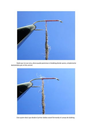 Dado que no uso cera, ahora puedo posicionar el dubbing donde quiera, simplemente
deslizándolo por el hilo central.
Esto quiere decir que desde el primer doblez estaré formando el cuerpo de dubbing
 