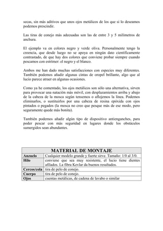 secas, sin más aditivos que unos ojos metálicos de los que si lo deseamos
podemos prescindir.

Las tiras de conejo más adecuadas son las de entre 3 y 5 milímetros de
anchura.

El ejemplo va en colores negro y verde oliva. Personalmente tengo la
creencia, que desde luego no se apoya en ningún dato científicamente
contrastado, de que hay dos colores que conviene probar siempre cuando
pescamos con estrímer: el negro y el blanco.

Ambos me han dado muchas satisfacciones con especies muy diferentes.
También podemos añadir algunas cintas de oropel brillante, algo que al
lucio parece atraer en algunas ocasiones.

Como ya he comentado, los ojos metálicos son sólo una alternativa, sirven
para provocar una natación más móvil, con desplazamientos arriba y abajo
de la cabeza de la mosca según tensemos o aflojemos la línea. Podemos
eliminarlos, o sustituirlos por una cabeza de resina epóxida con ojos
pintados o pegados (la mosca no creo que pesque más de ese modo, pero
seguramente quede más bonita).

También podemos añadir algún tipo de dispositivo antienganches, para
poder pescar con más seguridad en lugares donde los obstáculos
sumergidos sean abundantes.




                 MATERIAL DE MONTAJE
Anzuelo     Cualquier modelo grande y fuerte sirve. Tamaño: 1/0 al 3/0.
Hilo        conviene que sea muy resistente, el lucio tiene dientes
            afilados. La fibra Kevlar da buenos resultados.
Cercos/cola tira de pelo de conejo.
Cuerpo      tira de pelo de conejo.
Ojos        cuentas metálicas, de cadena de lavabo o similar
 