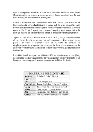 que la componen permiten utilizar esta imitación inclusive con líneas
flotantes, salvo en grandes pozones de ríos y lagos, donde el uso de una
línea sinking es absolutamente aconsejado.

Lance la imitación aproximadamente unos dos metros más arriba de la
línea que corta perpendicularmente el cauce del río y su ubicación. Deje
hundir nuestra marrón durante algunos metros con la línea muerta y cuando
comience la deriva ó sienta que el streamer comienza a trabajar, sujete la
línea de manera tal que usted pueda sentir la imitación vibrar suavemente.

 Ejerza de vez en cuando unos tirones en la línea y recoja inmediatamente
el excedente de ella para evitar un mal pasatiempo. Si el ataque no se
produce mientras el stremer deriva, al momento de finalizar su
desplazamiento no se apresure en recuperar la línea, recoja suavemente la
artificial de manera que la imitación simule un pequeño alevín remontando
la corriente.

La utilización de un tippet de diámetro 0.18 es ampliamente aconsejable,
un diámetro inferior seguramente le va a asegurar un muy mal rato ó un
hermoso momento para el pez que se encontrará al final del leader.




                 MATERIAL DE MONTAJE
            Anzuelo       B800 ó B830 n° 10 al 6
            Lastre
            Hilo          Café ó negro 6.0
            Cercos/cola   Trozo de piel de liebre café rojizo
            Cuerpo        Tallado en pelos de ciervo natural
            Torax         Dubbing de orejas de liebre
            Ala           Porción de piel de liebre café rojizo
            Cabeza        Perla cónica de bronce para cabezas
 
