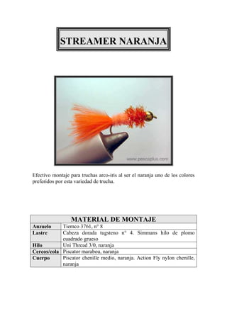 STREAMER NARANJA




Efectivo montaje para truchas arco-iris al ser el naranja uno de los colores
preferidos por esta variedad de trucha.




                  MATERIAL DE MONTAJE
Anzuelo     Tiemco 3761, n° 8
Lastre      Cabeza dorada tugsteno n° 4. Simmans hilo de plomo
            cuadrado grueso
Hilo        Uni Thread 3/0, naranja
Cercos/cola Piscator marabou, naranja
Cuerpo      Piscator chenille medio, naranja. Action Fly nylon chenille,
            naranja
 