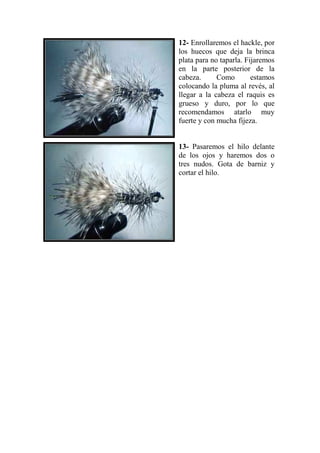 12- Enrollaremos el hackle, por
los huecos que deja la brinca
plata para no taparla. Fijaremos
en la parte posterior de la
cabeza.      Como        estamos
colocando la pluma al revés, al
llegar a la cabeza el raquis es
grueso y duro, por lo que
recomendamos atarlo muy
fuerte y con mucha fijeza.


13- Pasaremos el hilo delante
de los ojos y haremos dos o
tres nudos. Gota de barniz y
cortar el hilo.
 