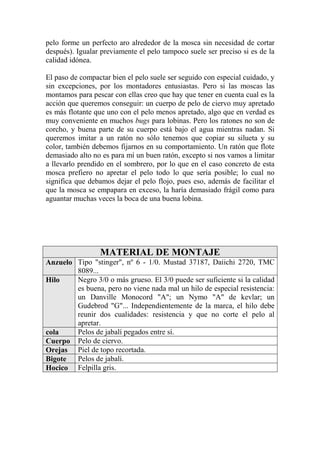 pelo forme un perfecto aro alrededor de la mosca sin necesidad de cortar
después). Igualar previamente el pelo tampoco suele ser preciso si es de la
calidad idónea.

El paso de compactar bien el pelo suele ser seguido con especial cuidado, y
sin excepciones, por los montadores entusiastas. Pero si las moscas las
montamos para pescar con ellas creo que hay que tener en cuenta cual es la
acción que queremos conseguir: un cuerpo de pelo de ciervo muy apretado
es más flotante que uno con el pelo menos apretado, algo que en verdad es
muy conveniente en muchos bugs para lobinas. Pero los ratones no son de
corcho, y buena parte de su cuerpo está bajo el agua mientras nadan. Si
queremos imitar a un ratón no sólo tenemos que copiar su silueta y su
color, también debemos fijarnos en su comportamiento. Un ratón que flote
demasiado alto no es para mí un buen ratón, excepto si nos vamos a limitar
a llevarlo prendido en el sombrero, por lo que en el caso concreto de esta
mosca prefiero no apretar el pelo todo lo que sería posible; lo cual no
significa que debamos dejar el pelo flojo, pues eso, además de facilitar el
que la mosca se empapara en exceso, la haría demasiado frágil como para
aguantar muchas veces la boca de una buena lobina.




                 MATERIAL DE MONTAJE
Anzuelo Tipo "stinger", nº 6 - 1/0. Mustad 37187, Daiichi 2720, TMC
        8089...
Hilo    Negro 3/0 o más grueso. El 3/0 puede ser suficiente si la calidad
        es buena, pero no viene nada mal un hilo de especial resistencia:
        un Danville Monocord "A"; un Nymo "A" de kevlar; un
        Gudebrod "G"... Independientemente de la marca, el hilo debe
        reunir dos cualidades: resistencia y que no corte el pelo al
        apretar.
cola    Pelos de jabalí pegados entre sí.
Cuerpo Pelo de ciervo.
Orejas Piel de topo recortada.
Bigote  Pelos de jabalí.
Hocico Felpilla gris.
 