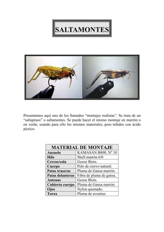 SALTAMONTES




Presentamos aquí uno de los llamados “montajes realistas”. Se trata de un
“saltapraos” o saltamontes. Se puede hacer el mismo montaje en marrón o
en verde, usando para ello los mismos materiales, pero teñidos con ácido
pícrico.



                 MATERIAL DE MONTAJE
              Anzuelo            KAMASAN B800, Nº 10
              Hilo               Shell marrón 6/0
              Cercos/cola        Goose Biots.
              Cuerpo             Pelo de ciervo natural.
              Patas traseras     Pluma de Gansa marrón.
              Patas delanteras   Fibra de pluma de gansa.
              Antenas            Goose Biots.
              Cubierta cuerpo    Pluma de Gansa marrón.
              Ojos               Nylon quemado.
              Torax              Pluma de avestruz
 