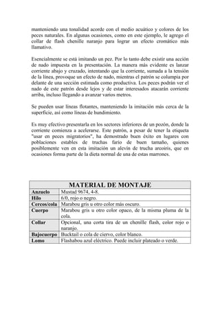 manteniendo una tonalidad acorde con el medio acuático y colores de los
peces naturales. En algunas ocasiones, como en este ejemplo, le agrego el
collar de flash chenille naranjo para lograr un efecto cromático más
llamativo.

Esencialmente se está imitando un pez. Por lo tanto debe existir una acción
de nado impuesta en la presentación. La manera más evidente es lanzar
corriente abajo y cruzado, intentando que la corriente, sumada a la tensión
de la línea, provoque un efecto de nado, mientras el patrón se columpia por
delante de una sección estimada como productiva. Los peces podrán ver el
nado de este patrón desde lejos y de estar interesados atacarán corriente
arriba, incluso llegando a avanzar varios metros.

Se pueden usar líneas flotantes, manteniendo la imitación más cerca de la
superficie, así como líneas de hundimiento.

Es muy efectivo presentarla en los sectores inferiores de un pozón, donde la
corriente comienza a acelerarse. Este patrón, a pesar de tener la etiqueta
"usar en peces migratorios", ha demostrado buen éxito en lugares con
poblaciones estables de truchas fario de buen tamaño, quienes
posiblemente ven en esta imitación un alevín de trucha arcoiris, que en
ocasiones forma parte de la dieta normal de una de estas marrones.




                  MATERIAL DE MONTAJE
Anzuelo    Mustad 9674, 4-8.
Hilo       6/0, rojo o negro.
Cercos/colaMarabou gris u otro color más oscuro.
Cuerpo     Marabou gris u otro color opaco, de la misma pluma de la
           cola.
Collar     Opcional, una corta tira de un chenille flash, color rojo o
           naranjo.
Bajocuerpo Bucktail o cola de ciervo, color blanco.
Lomo       Flashabou azul eléctrico. Puede incluir plateado o verde.
 