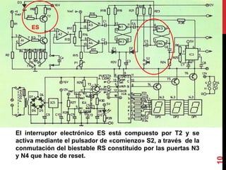 El interruptor electrónico ES está compuesto por T2 y se
activa mediante el pulsador de «comienzo» S2, a través de la
conmutación del biestable RS constituido por las puertas N3
y N4 que hace de reset.
10
ES
 
